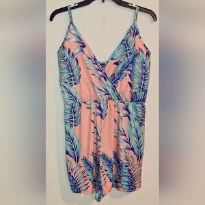 SHEIN Pink and Blue Leaf Print Romper